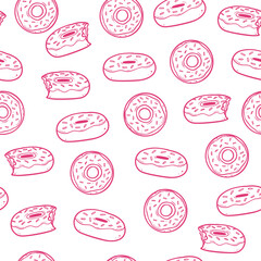 donuts or doughnut doodle hand drawn line art seamless pattern design on white background