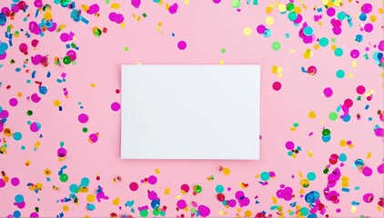 White greeting card over scattered colorful sequins and confetti on isolated light pink background with blank space. Flat lay, top view with copy space. Mockup template.