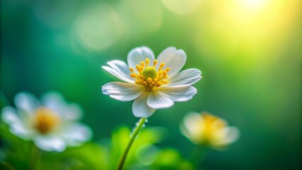 Delicate, dainty, miniature bloom with soft petals and yellow center against blurred green background, conveying serenity and innocence.