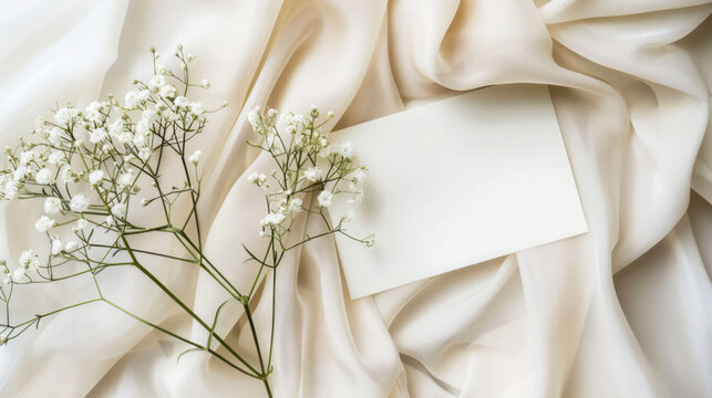 A blank white card rests on soft fabric, accompanied by delicate baby's breath flowers, serving as a web banner with room for text.