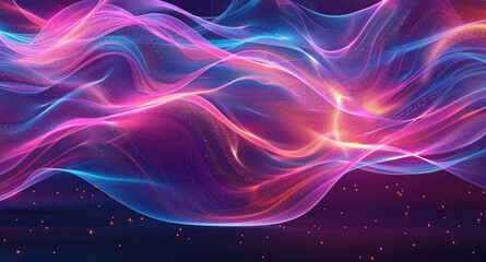 Fototapeta premium Futuristic trendy background with wavy airy texture of silk neon shiny blue purple fabric in the form of a wave on a dark background. Neon wave. Copy space. Banner