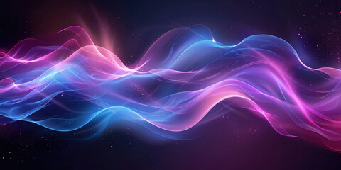 Obraz premium Futuristic trendy background with wavy airy texture of silk neon shiny blue purple fabric in the form of a wave on a dark background. Neon wave. Copy space. Banner