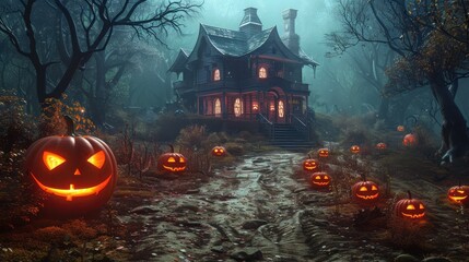 Haunted house with halloween pumpkin lanterns lining the pathway . Illustration .