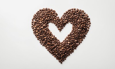 Coffee beans arranged in a heart shape on a white background