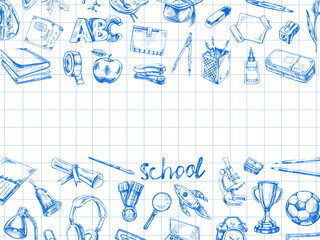 Back to School, hand drawn school supplies, template. Doodle lettering and school object collection. Education Concept. Vintage sketch element. Vector illustration. Back to School.