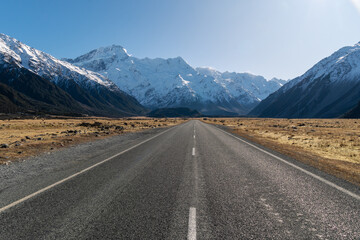 Mt Cook, New Zealand: Road in the Mt Cook region in the southern alps in New Zealand south island on a sunny winter day.