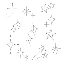 ボールペンで書いたような手書きのキラキラ素材　星や光　線画　背景透過