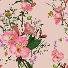 Vector Seamless Pattern. Alstroemeria garden flowers. Flower bouquet summer print for any surfaces.