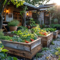 Charming backyard garden with wooden raised beds filled with vegetables and herbs, lit by warm evening light and decorative string lights.