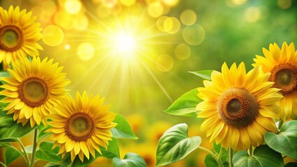 Fototapeta premium Vibrant yellow summer background with sunflowers, bright green leaves, and subtle texture, evoking warmth and sunny optimistic atmosphere.