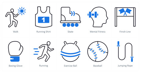 A set of 10 Sports and Fitness icons as walk, running shirt, skate