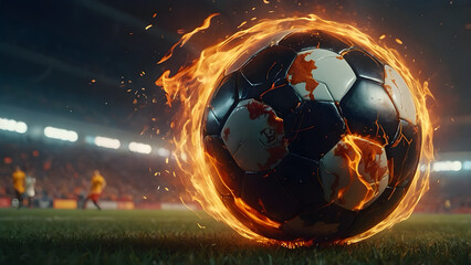 A soccer ball on fire with a blurred background