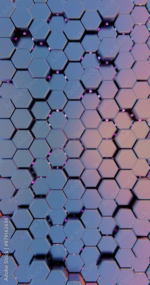 Poster Abstract Hexagonal Pattern with Metallic Surface and Pink Glowing Highlights

