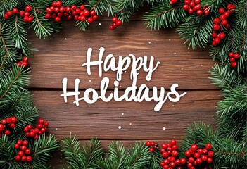 Inscription happy holidays with Christmas evergreen branches and berries on the background of a rustic tree. Christmas card with text