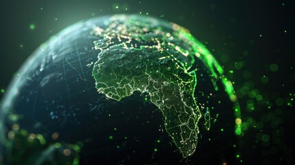 Obraz premium A 3D Earth map showcasing continents with various shades of green, featuring spectralist effects and celestialpunk style, darkly detailed with shadowy intensity, and interactive transportcore elements