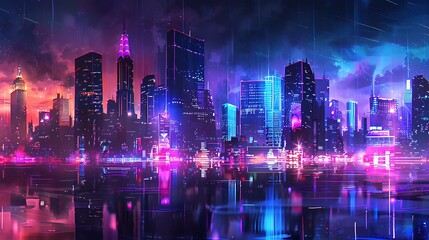 Fototapeta premium Neon Cityscape with Reflections