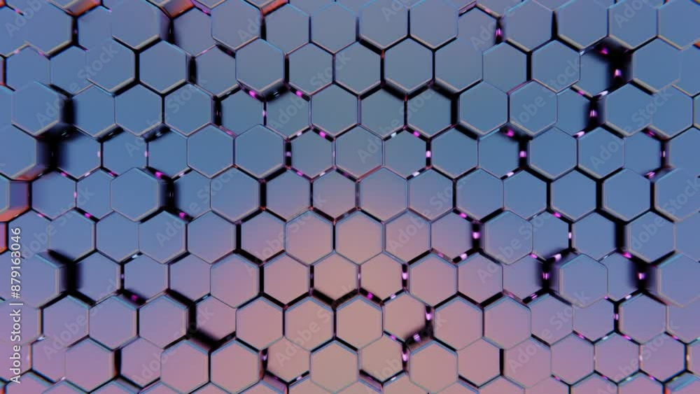 Poster Abstract Hexagonal Pattern with Metallic Surface and Pink Glowing Highlights

