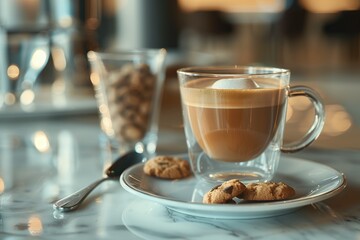 A glass of espresso with milk and cookies on the side, placed in an elegant restaurant setting with marble tables. The focus is on the detailed texture of the coffee's surface and its presentation wit