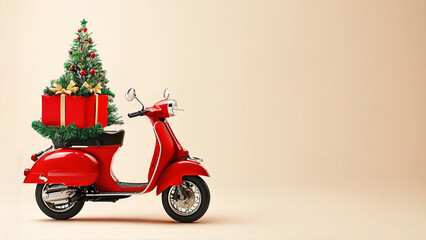 A red retro moped with a Christmas tree on a smooth light beige background with an empty space for text. The concept of celebrating Christmas and New Year.