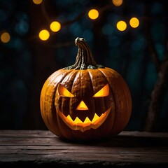 Fototapeta premium Halloween pumpkin with a carved face on it sits on a wooden table with a night background