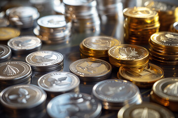 gold and silver coins stacked on the table to show money and financial freedom by bitcoins and ethereum