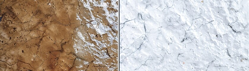 Naklejka premium Two different textures, one being a rough, brown surface and the other being a smooth, white surface. The contrast between the two textures creates a sense of depth and interest in the image