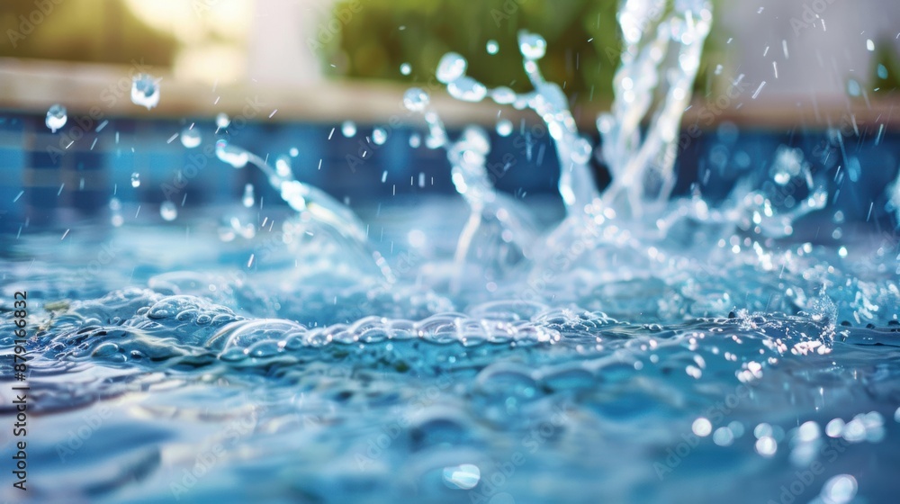 Poster close-up of water splashing in a sunlit pool, capturing droplets and bubbles in a refreshing and dyn