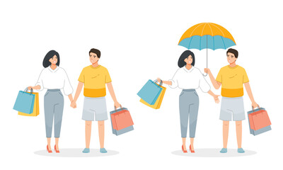 Fototapeta premium Set Of Couple Shopping Together, Walking Hand In Hand, Walking With An Umbrella With Shopping Bags