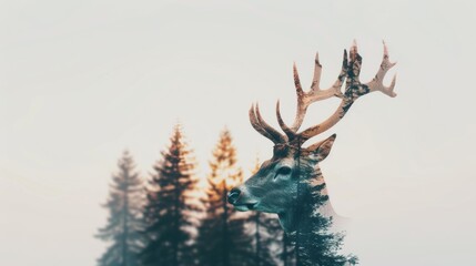 Artistic double exposure of a deer and its forest surroundings, emphasizing the connection between wildlife and the ecosystem, high-quality resolution, dynamic contrasts, immersive and visually