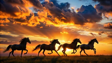 Majestic dark horse silhouettes gallop freely under vibrant orange sunset sky with fluffy white clouds in serene rural landscape.