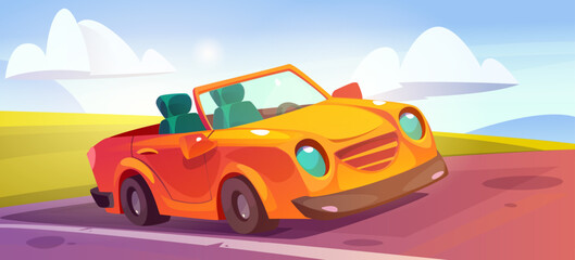 Yellow car parked against green field background. Vector cartoon illustration of modern cabriolet auto on road, summer landscape with grass and sunny blue sky, rental or maintenance service banner