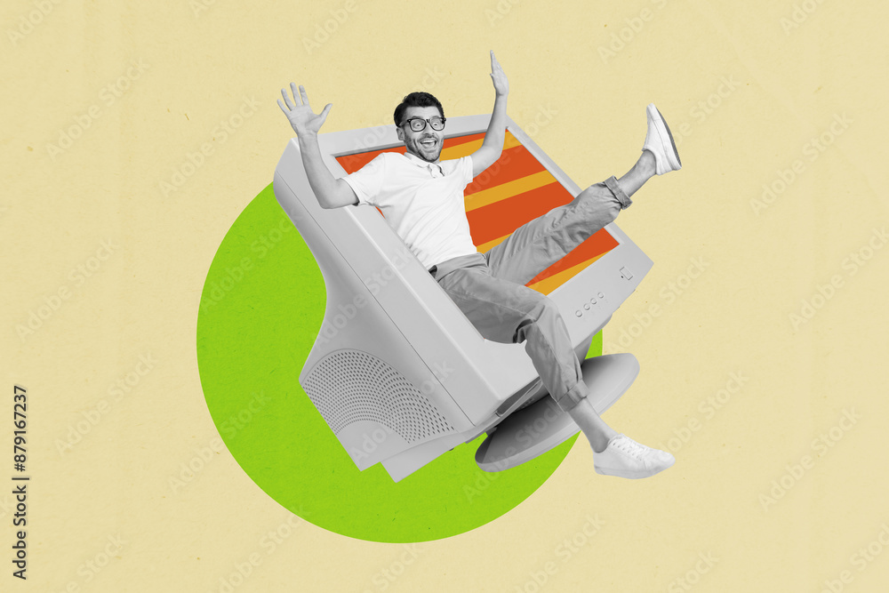 Poster creative collage template of funky young guy inside virtual network inside computer addicted user is