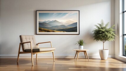 Fototapeta premium Simple, yet elegant, horizontal minimalist landscape poster hangs above a chic chair against a pristine white wall backdrop.