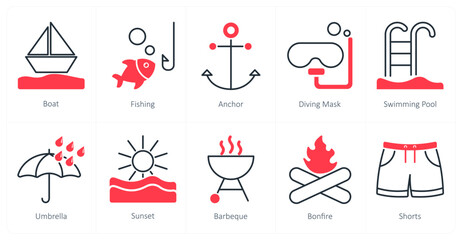 A set of 10 Summer and Vacation icons as boat, fishing, anchor