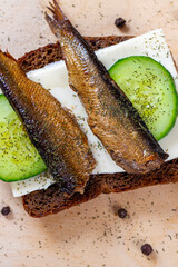 Sandwich black bread with sprats, cheese, cucumber and herbs. Snack for vodka