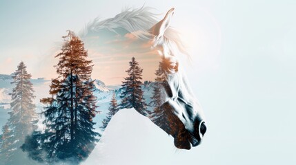 Enchanting double exposure of a horse with scenic countryside backgrounds, showcasing the elegance and spirit of these beloved animals in their natural habitat, ultra-realistic, vibrant colors,