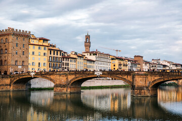 Dawn in the center of the renaissance capital - Florence. The oldest Ponto Vecchio bridge.