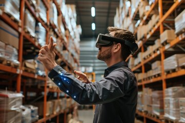 A man wearing a VR headset stands in a warehouse, utilizing virtual reality for inventory management. AIG62
