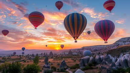 A group of hot air balloons are flying in the sky over a beautiful landscape