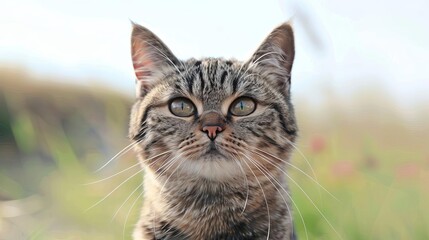 Obraz premium Close-up of a tabby cat's face, intense gaze and detailed fur texture, highlighting its predatory nature