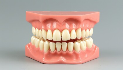 Obraz premium Anatomical resin model of perfect human teeth isolated on gray background, dental care concept.