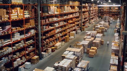 Fototapeta premium A warehouse with many boxes stacked on shelves