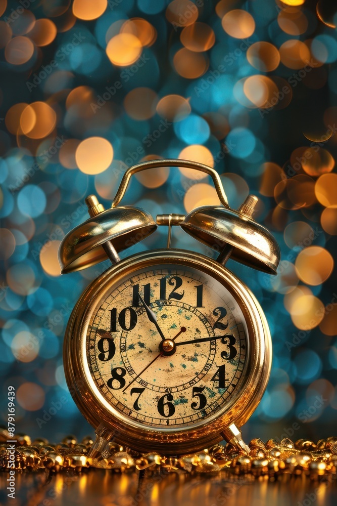 Poster a gold and white clock with the hands at the numbers 3 and 9. the clock is on a gold background with