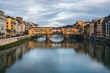 Dawn in the center of the renaissance capital - Florence. The oldest Ponto Vecchio bridge.