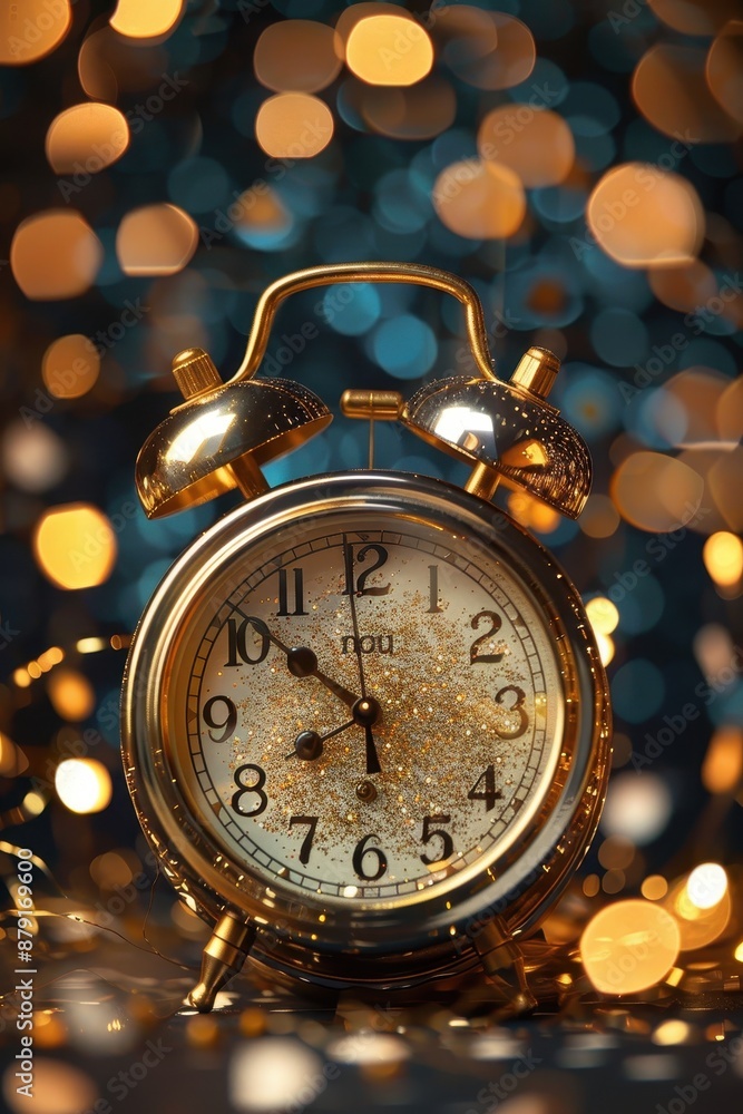 Poster a gold and white clock with the hands at the numbers 3 and 9. the clock is on a gold background with