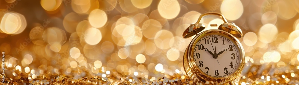 Poster a gold and white clock with the hands at the numbers 3 and 9. the clock is on a gold background with