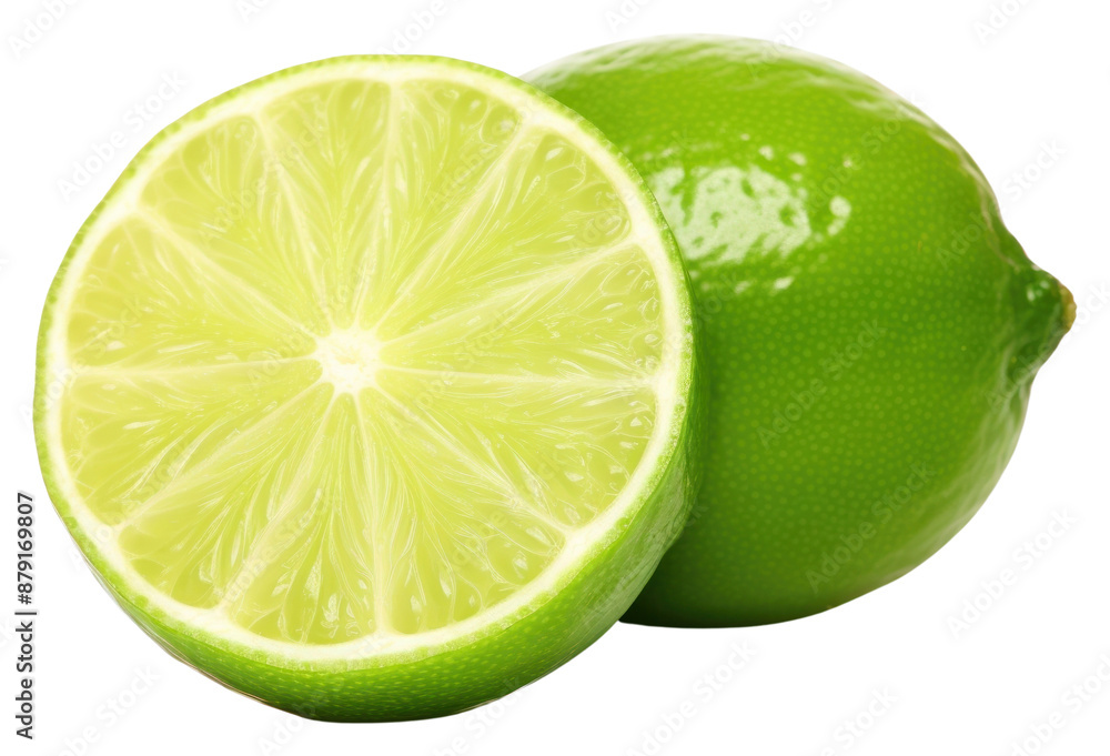 Poster green lime with cut in half fruit lemon slice.