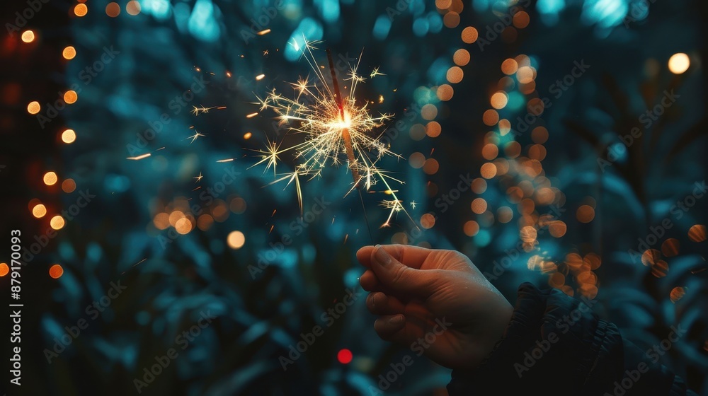 Poster a person is holding a sparkler in front of a christmas tree. the image has a warm and festive mood, 