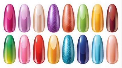 Various nail shapes and forms of French nail polish styles, including oval, squoval, stiletto, and almond, in colorful vector illustrations.