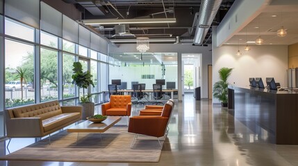 Modern office lobby with stylish furniture, including orange and beige sofas, a coffee table, and a reception desk. 